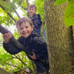 Boys exploring a tree at Forest School